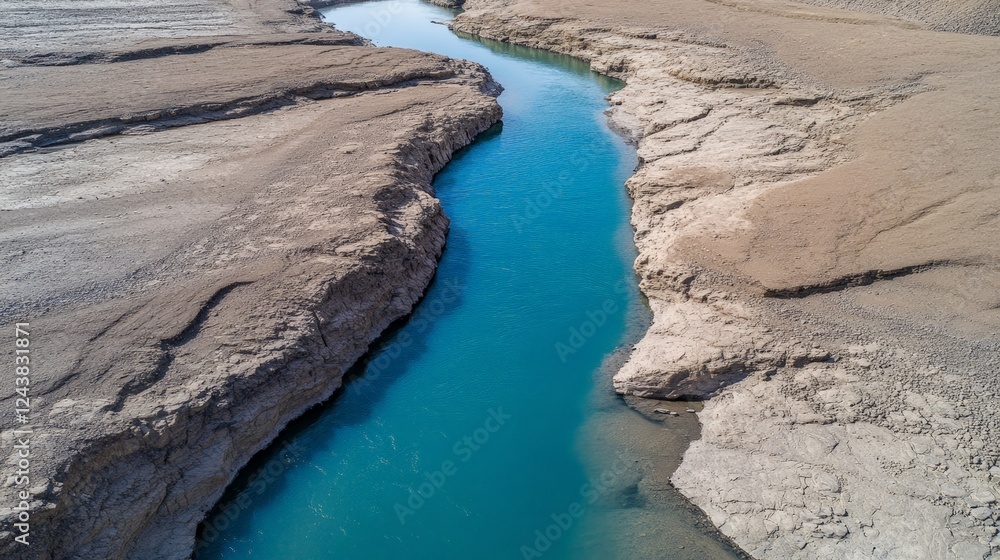 Poster aerial view of a vibrant turquoise river snaking its way through a rugged desert canyon, creating a 