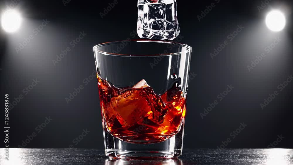 Poster whiskey with ice cubes dropping into the liquid, creating a dramatic splash against a dark backgroun