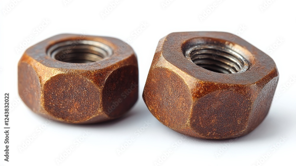 Aufkleber close-up view of two rusty nuts on a white background highlighting their texture and details