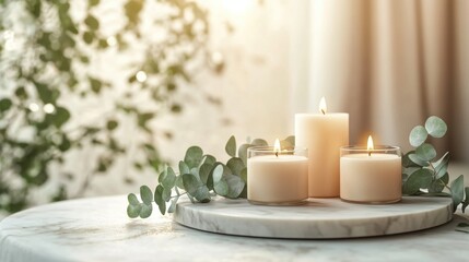 spa ambience, elegantly displayed aromatherapy candles on a marble tray, surrounded by eucalyptus leaves in a serene, neutral-toned setting space for text