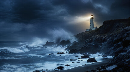 A lone lighthouse stands resilient against an incoming storm, its beacon glowing faintly through the heavy mist. dramatic atmosphere, moody nostalgia, evocative composition.