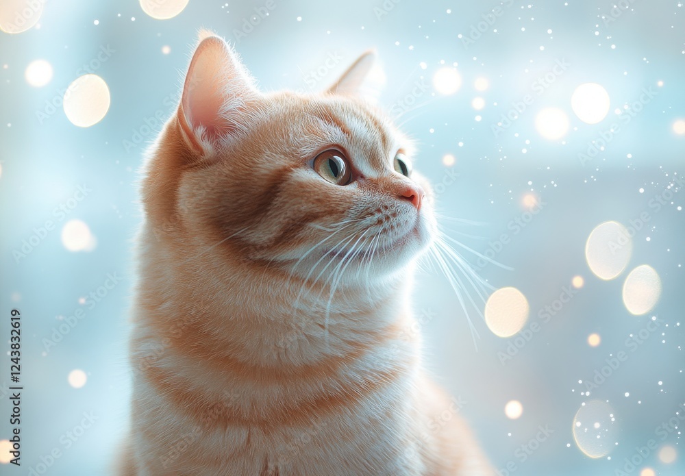 Poster enchanting ginger cat gazing with curiosity against a glimmering soft background of christmas lights