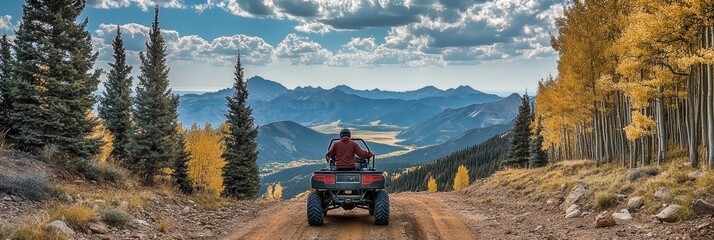 Man Exploring Autumn Forest Trails On All-Terrain Vehicle With Majestic Mountain Vista