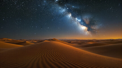 A vast golden desert under a deep blue night sky, filled with millions of twinkling stars. natural beauty, dramatic and peaceful background.