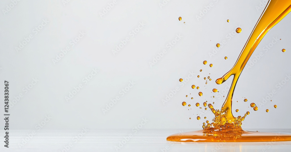 Poster Golden honey flows gracefully, creating splashes as it meets a smooth surface. This moment captures the rich texture and vibrant color, showcasing the natural beauty of honey in action.