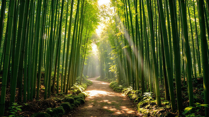 a mystical bamboo forest, with towering green stalks filtering sunlight.