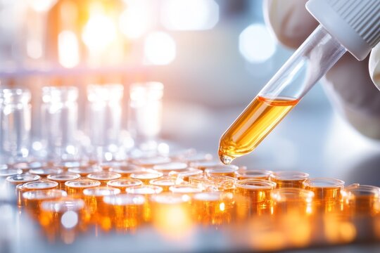 A close-up of a scientist hands using a pipette to transfer a liquid sample