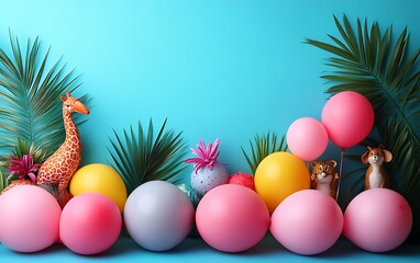 Tropical party balloons, giraffe, lion.