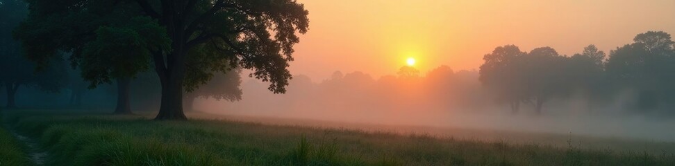 Obraz premium misty dawn light filtering through cypress trees, serene, shadows, foggy