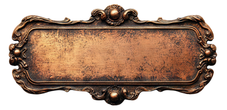Vintage bronze nameplate with decorative frame, isolated on transparent cutout background