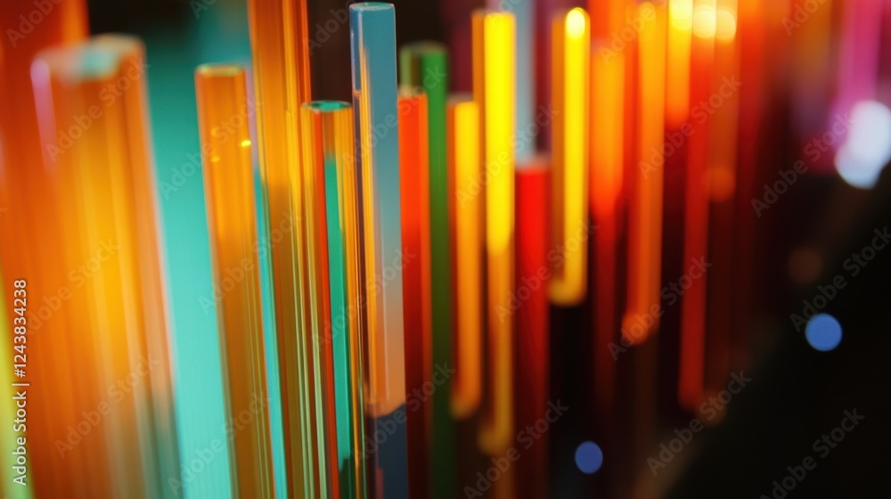 Poster close up of colorful plexiglas rods, emitting a warm glow and creating a vibrant, abstract design wi