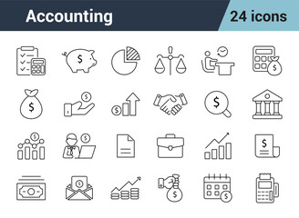 Accounting Line Editable Icons set. Includes accounting, taxes, audit, earnings, finance company, stroke vector illustration.