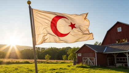 Vintage star and crescent flag waving in rural setting, historical symbolism