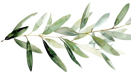 Elegant watercolor olive branch with soft green leaves on white background, perfect for wedding invitations, botanical designs and Mediterranean-themed projects.