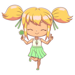 Girl holding lucky clover, fingers crossed