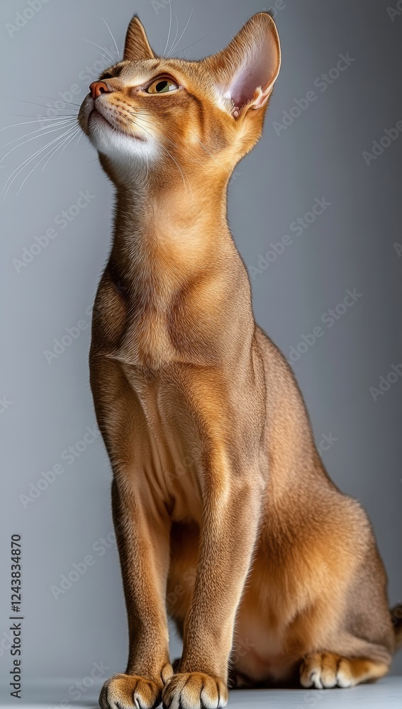 Poster graceful golden cat posing elegantly against a neutral background with sharp features and expressive