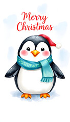 Obraz premium Watercolor merry christmas character penguin illustration. Winter cartoon isolated cute funny animal design card. Snow holiday season xmas penguins, vintage. with white shades