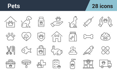 Pets Line Editable Icons set. Includes Pets glyph, dog, cat, fish, shop, food. For website marketing design, logo, app, template, ui, etc. Vector illustration. 