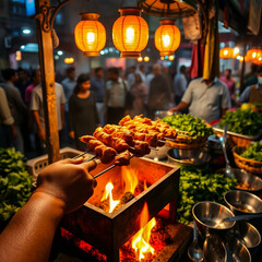 Street barbecue with meat skewers sizzling, very hot fire burning and man preparing food