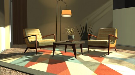 Fototapeta premium Mid century modern living room with two armchairs and a coffee table