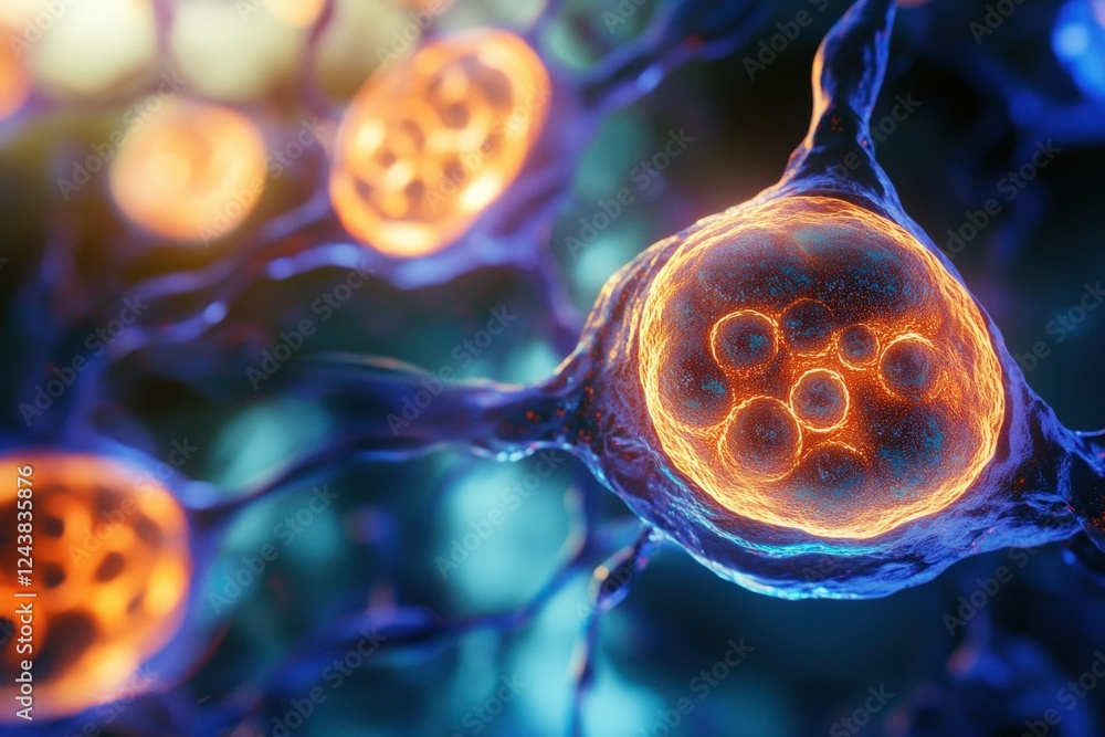 Poster creative depiction of embryonic cells showcasing intricate structures and vibrant colors in a scient
