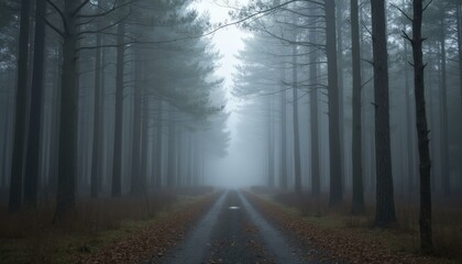 Obraz premium Foggy Misty Forest With Dirt Road And Tall Trees Covered In White Mist