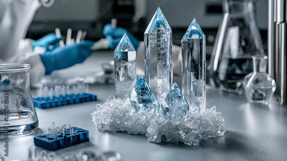 Poster Crystal growth research in a laboratory material science experiment high-tech environment close-up viewpoint