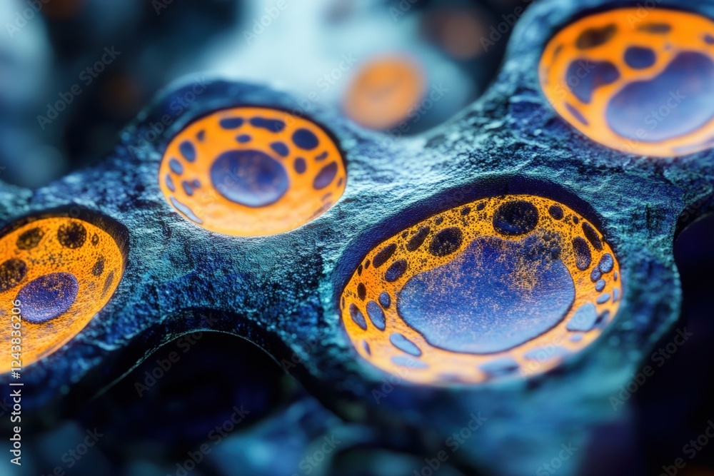 Poster close-up of embryonic cells with intricate structures and vibrant colors, showcasing cellular detail