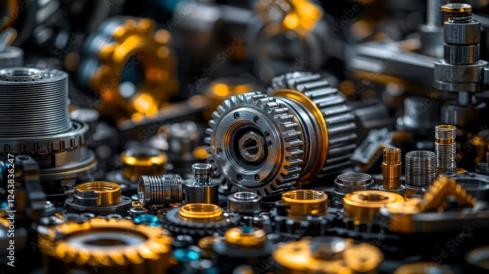 Poster close-up imagery of metal components manufacturing for industrial applications in a technical worksh