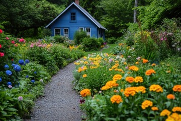 Colorful flower garden paths to a charming blue house surrounded by lush greenery and vibrant blooms in late spring or early summer