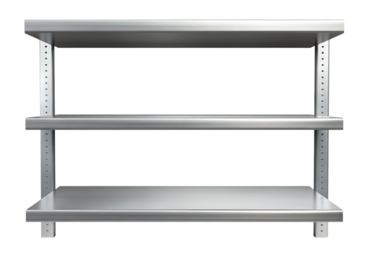 Empty industrial metal shelf with three levels, isolated on transparent cutout background
