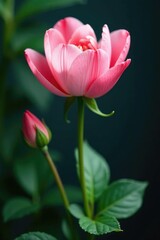 Fototapeta premium Delicate pink petals unfolding on a slender stem, texture, leafy greens, flowers