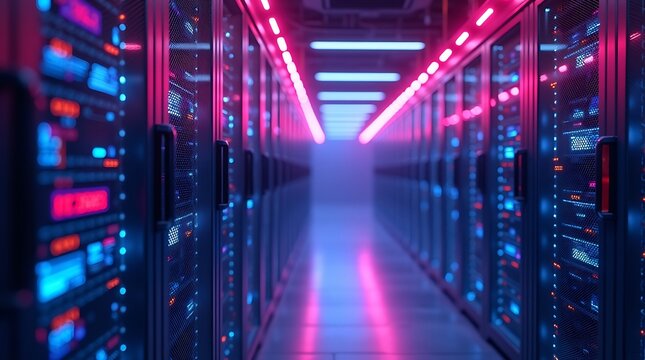 Server room  data center  neon lights  futuristic technology