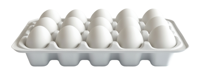 Fresh white eggs in a cardboard tray, isolated on transparent cutout background
