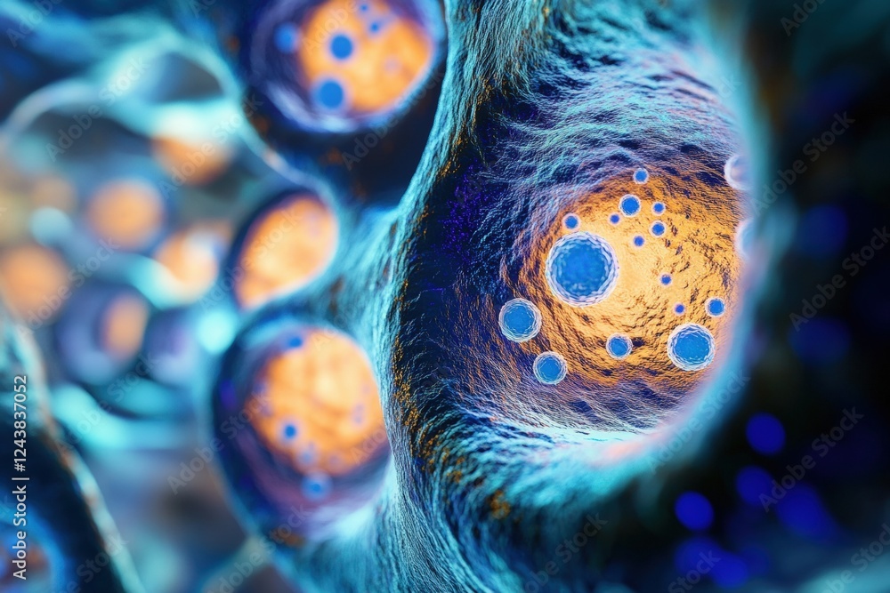 Poster microscopic view of embryonic cells with vibrant colors representing cell structures and functions i