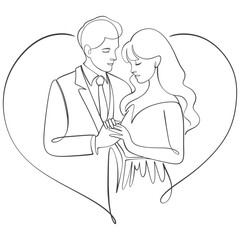 happy wedding couple Line art style vector illustration