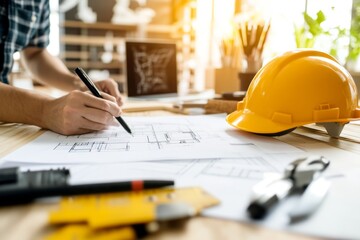 A family discussing a home renovation budget with architectural plans spread out