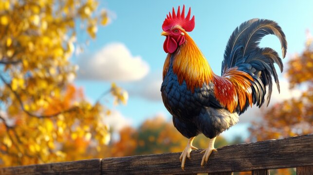 Colorful rooster standing proudly on a wooden fence with a backdrop of autumn foliage. Generative AI