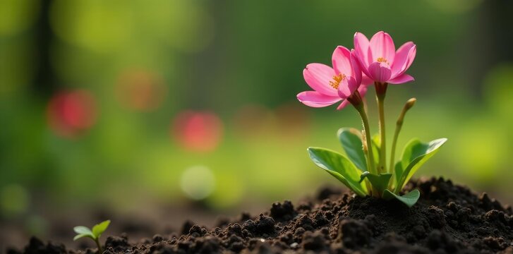 Pink flowers of Ononis Arvensis growing in the ground, roots, botany, nature