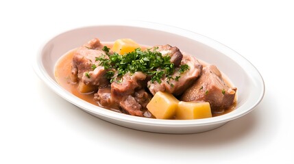 Tender pork stew with potatoes and fresh parsley garnish