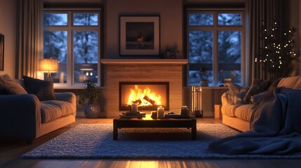 Cozy living room fireplace, snowy night, winter ambiance, holiday decor, home comfort