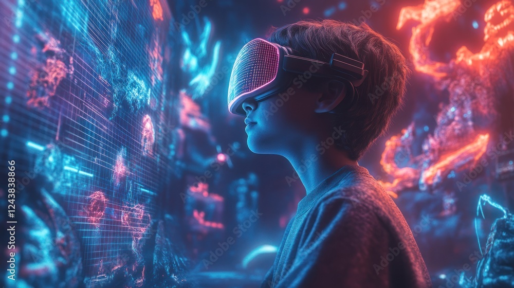 Poster young boy experiences virtual reality with vibrant digital graphics in an immersive environment. gen