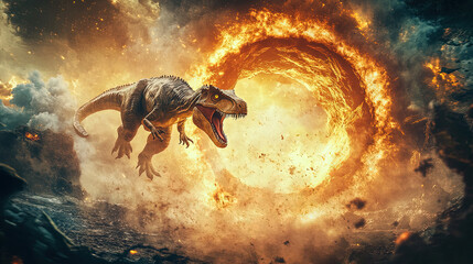 Fototapeta premium A time traveler stepping out of a portal into the age of dinosaurs, with a futuristic device in hand, in a dynamic and action-packed style, realistic photo