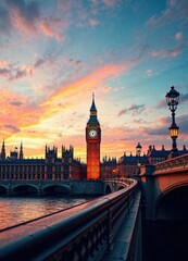 Naklejka premium Twilight shot of Westminster bridge with Big Ben and Parliament against a colorful sky, evening, illuminated, twilight, sunset