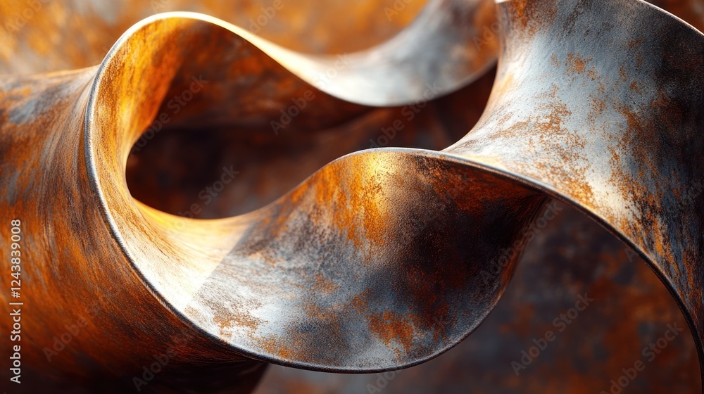 Poster metallic sculpture with intricate curves and rust patterns showcased in a contemporary art space. ge