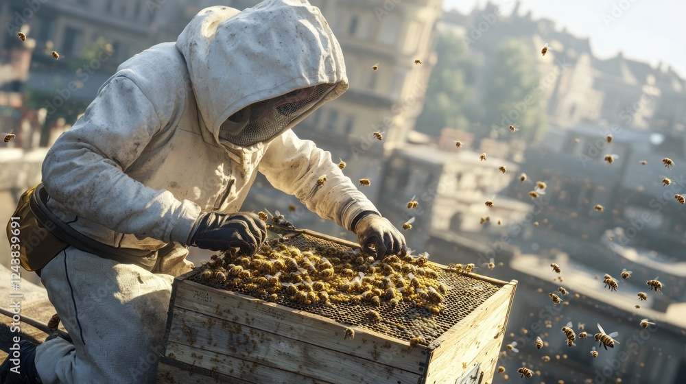 Poster beekeeper tending to a hive while surrounded by bees in an urban environment during daylight. genera