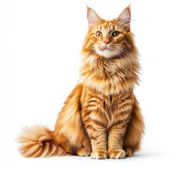 Obraz premium Majestic orange fluffy cat sitting gracefully on a white background with bright eyes and a charming expression showcasing its stunning fur coat