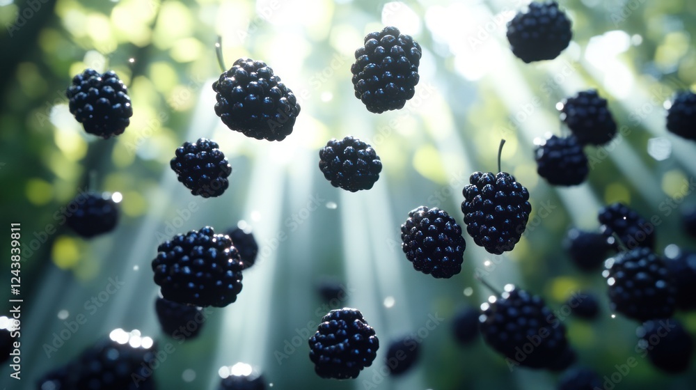 Poster blackberries suspended in sunlight create a magical atmosphere in an enchanting forest setting. gene