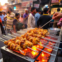 Street barbecue with meat skewers sizzling, very hot fire burning and man preparing food