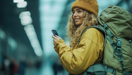 Fototapeta premium Smiling woman backpacker using phone.